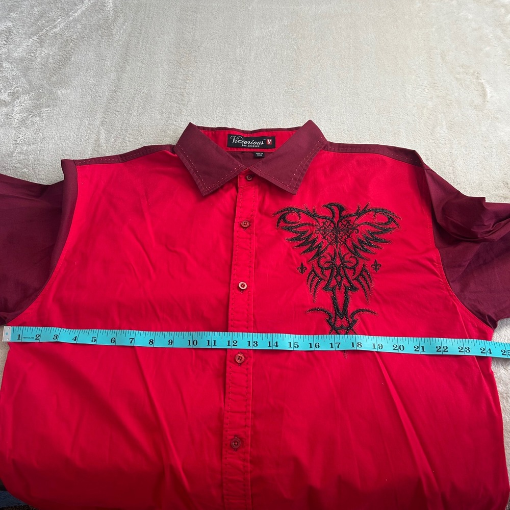 Victorious‎ Men XL Red Burgundy Cyber Y2K Graphic Embroidered Button Up Shirt - Picture 6 of 6